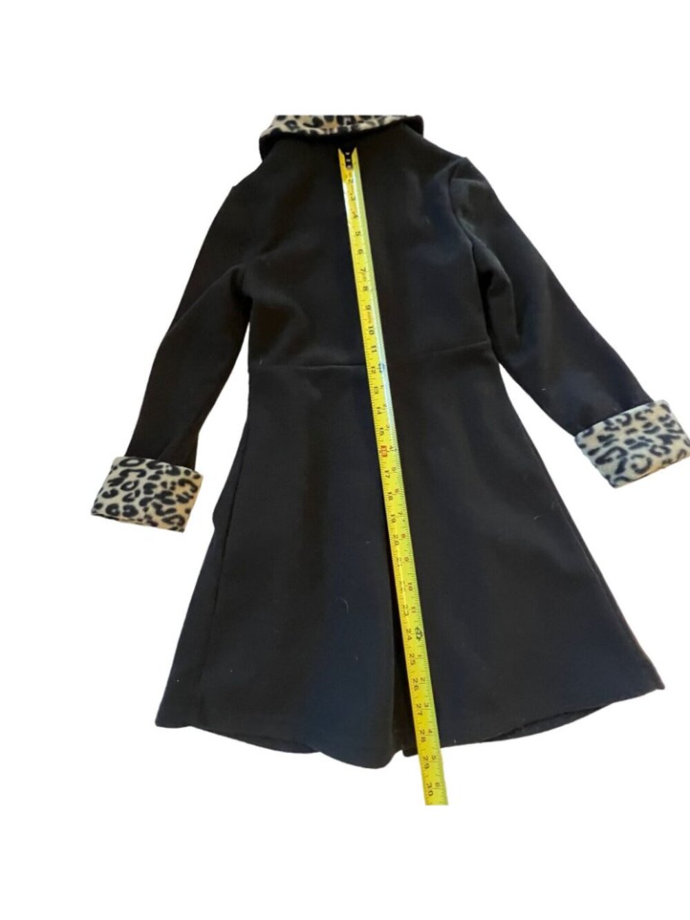 Vtg Copper Key Black Coat Faux Fur Leopard Trim Collar Cuffs Girls 7/8 Pockets - Picture 9 of 13